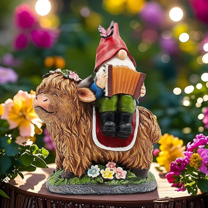 Christmas Garden Gnomes Outdoor Statues: 8'' Solar Light Gnome Decor on Highland Cow Play The Accordion Unique Birthday Gifts for Women Mother Grandma