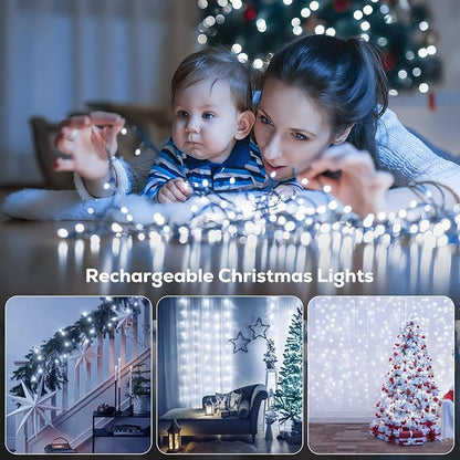 Rechargeable Battery Twinkle Lights with Remote, 2 Pack Total 66ft 200 LED Rechargeable Battery Operated String Lights Waterproof, Christmas Light Outdoor Indoor for Chirsmas Tree Decor(Cool White)