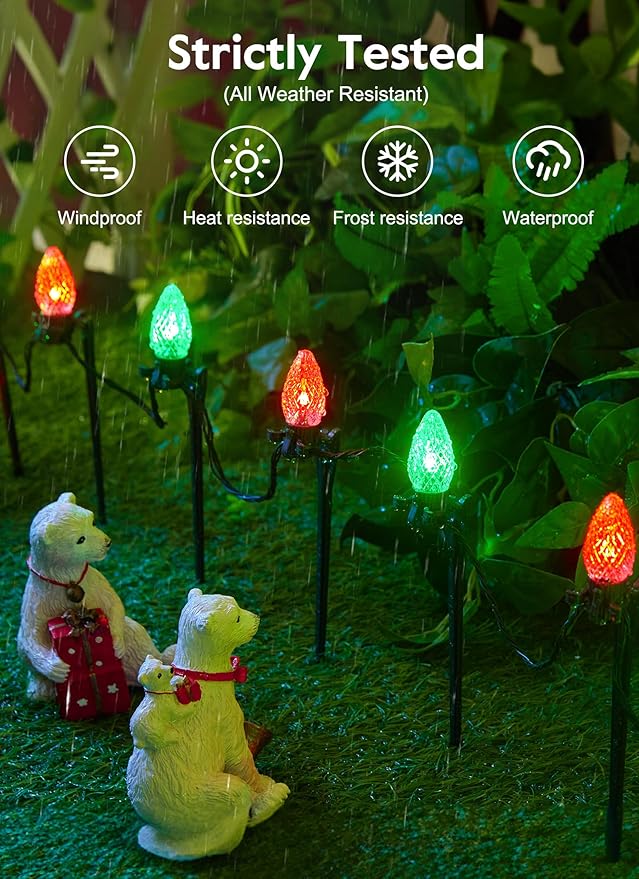 Smart App-Controlled C9 Christmas Lights Outdoor, 66ft 100 Bulb Pathway Lights with Stakes, Multicolor