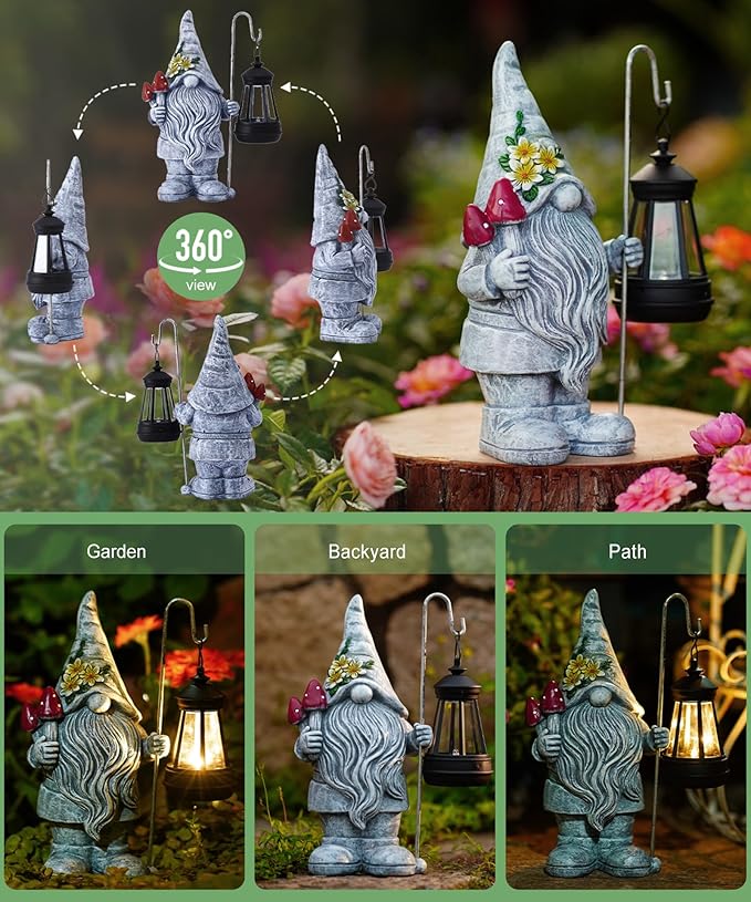 Garden Gnome Statue with Lantern: Outdoor Sculpture Decor for Home Yard Lawn Balcony Patio Porch - Mothers Day Gifts for Mom Women Grandma