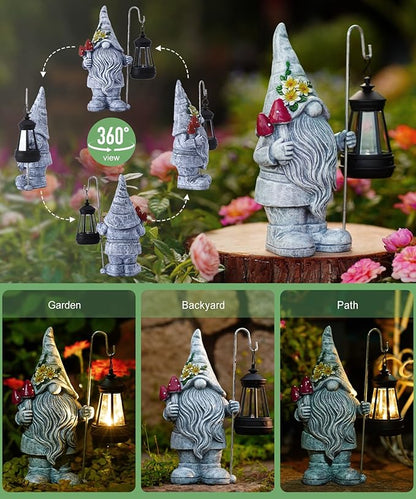 Garden Gnome Statue with Lantern: Outdoor Sculpture Decor for Home Yard Lawn Balcony Patio Porch - Mothers Day Gifts for Mom Women Grandma