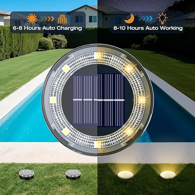 24-Pack Solar Ground Disk Lights, Warm White Waterproof LED