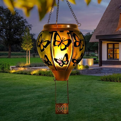 Larekook Butterfly Solar Hot Air Balloon Lantern with Flickering Flame,Glass Hot Air Balloon Solar Lanterns Outdoor Waterproof Hanging Light for Patio Porch Yard Garden Decor,Birthday Gifts for Women
