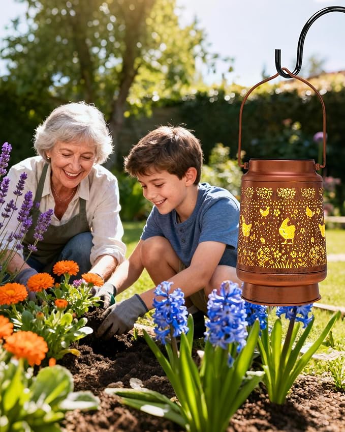 Chicken Gifts for Women - Waterproof Solar Lantern Outside Metal Yard Decor Hanging Lights Decorative Garden Patio Lawn Pathway Lighting Lamp New Year Birthday Gift for Mom Grandma Friends