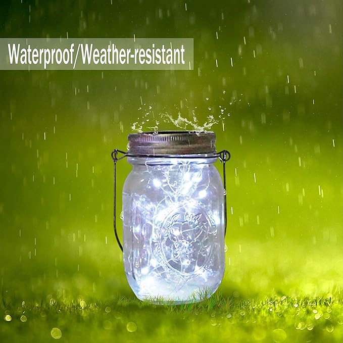 Solar Mason Jar Lid Lights, 10 Pack 30 LED Waterproof Firefly Fairy Lights with Hangers(No Jars), Outdoor Starry String Lights for Patio Yard Garden Wedding Lantern Decor (Cool White)