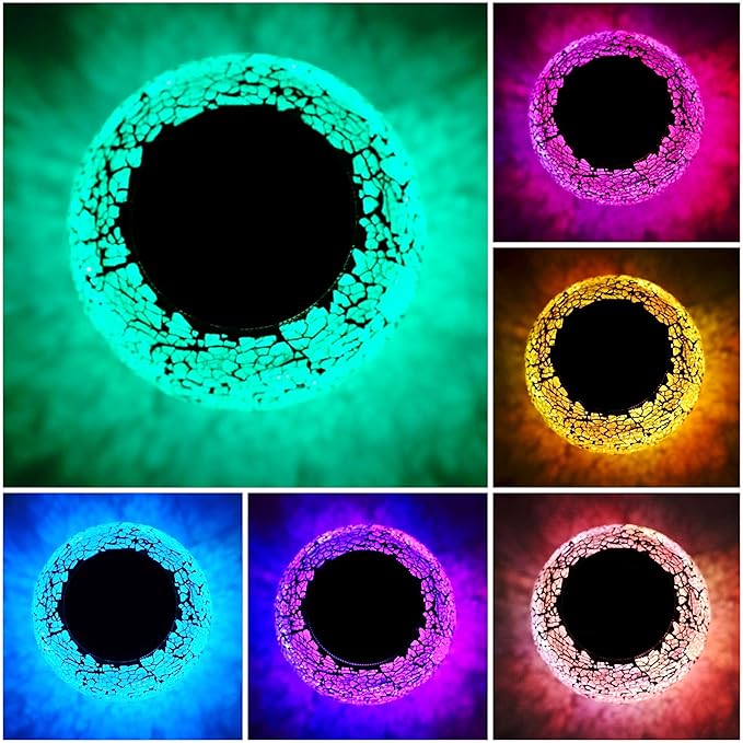 Solar Powered Color Changing Mosaic Crackle Glass Table Lamp - Waterproof LED Night Light for Bedroom, Yard, Patio, Halloween, Christmas Decorations (Crackle Glass, White)
