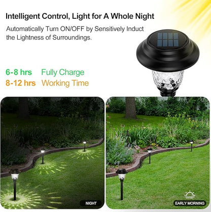 Glass Solar Lights Outdoor waterproof, 2 Pack Super Bright Solar Pathway Lights, Up to 12 Hrs Long Last Auto On/Off Garden Lights Solar Powered, Stainless Steel LED Light For Yard Landscape Warm White