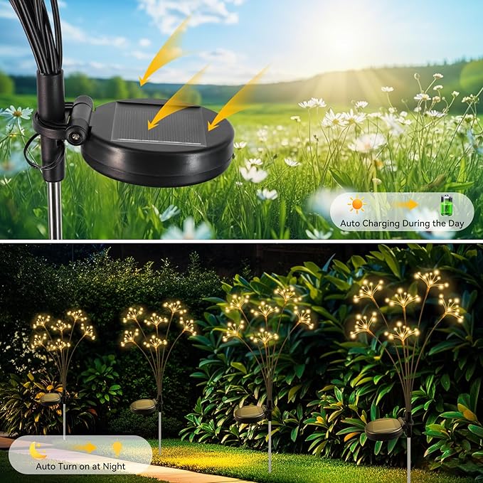 Solar Garden Lights 2 Pack Waterproof Solar Swaying Starburst Light Outdoor Lights for Yard Patio Walkway Pathway Party Wedding Christmas Decoration, Warm White