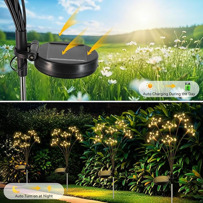 Solar Garden Lights 2 Pack Waterproof Solar Swaying Starburst Light Outdoor Lights for Yard Patio Walkway Pathway Party Wedding Christmas Decoration, Warm White