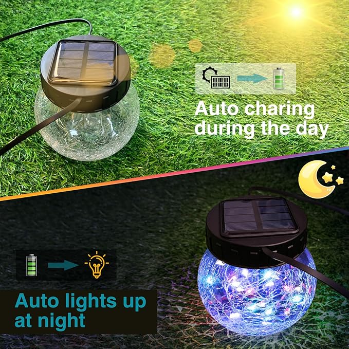kolpop 2 Pack Solar Lantern Outdoor Lights, Multi-Coloured Solars Lanterns with 30 LED, Crackle Glass Ball Waterproof Hanging Solar Lights for Garden Decor Patio Fence Yard Christmas Tree Decoration