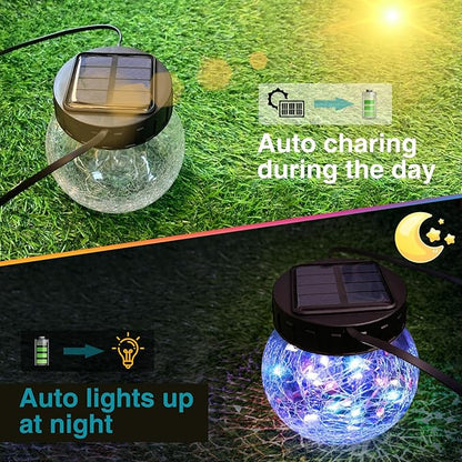 kolpop 2 Pack Solar Lantern Outdoor Lights, Multi-Coloured Solars Lanterns with 30 LED, Crackle Glass Ball Waterproof Hanging Solar Lights for Garden Decor Patio Fence Yard Christmas Tree Decoration