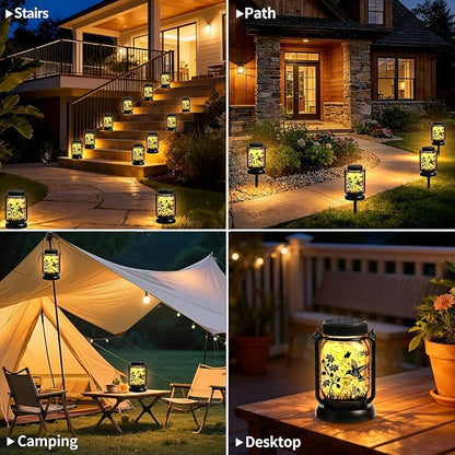 Hummingbird Solar Lanterns Outdoor Waterproof Hanging Solar Lantern Lights Glass Mason Jar Garden Decor 3 in 1 Hummingbird/Cat/Dog for Mom Grandma Sister Birthday, 1*Lanterns & 3*Patterns