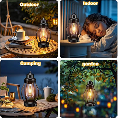 pearlstar Rechargeable Battery Operated Lantern 2 Pack Black Vintage Portable LED Decorative Camping Lamps Outdoor & Indoor, Dimming Warm Light with Timer, for Table Patio Garden Yard Pathway Porch