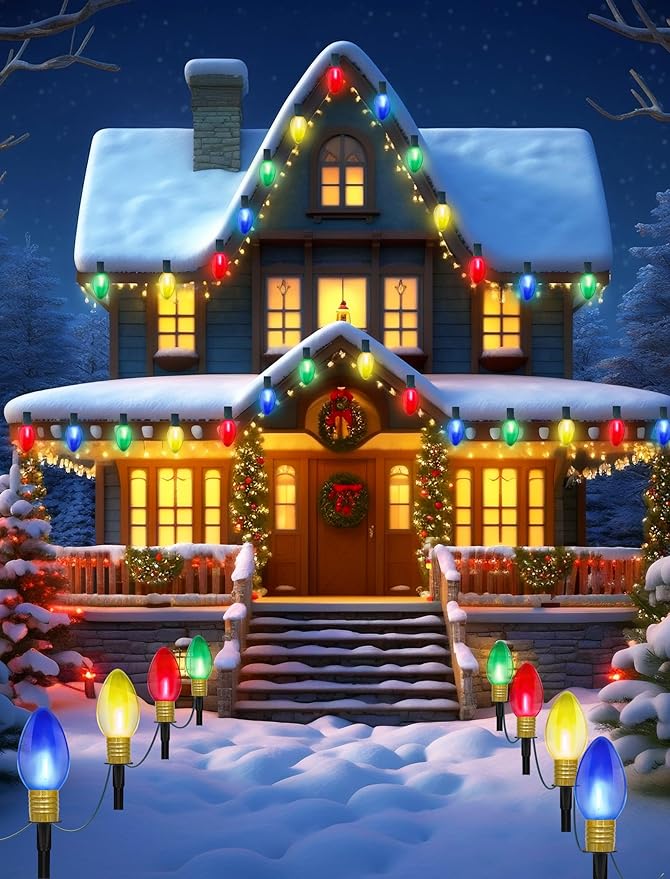 C9 Christmas Multicolor Pathway Lights, 7Ft Outdoor Christmas Pathway Markers Stakes Lights with 4 Jumbo C9 Multicolor LED Bulbs, Connectable Xmas Walkway Light for Driveway Yard Lawn Garden