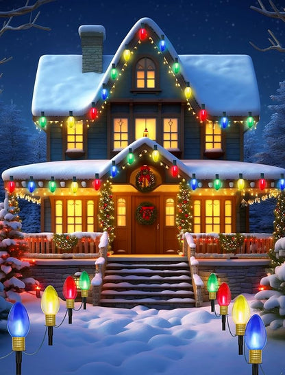 C9 Christmas Multicolor Pathway Lights, 7Ft Outdoor Christmas Pathway Markers Stakes Lights with 4 Jumbo C9 Multicolor LED Bulbs, Connectable Xmas Walkway Light for Driveway Yard Lawn Garden