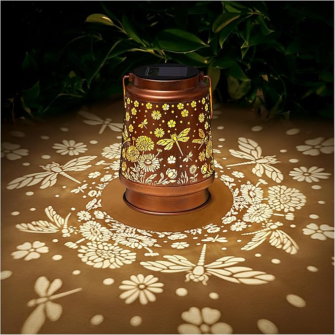 Dragonfly Solar Lanterns Outdoor Waterproof Daisy Garden Decor Birthday Gifts for Women Mom Grandma Hanging Solar Lights Metal Lantern Decoration Outside for Porch,Patio,Yard,Backyard