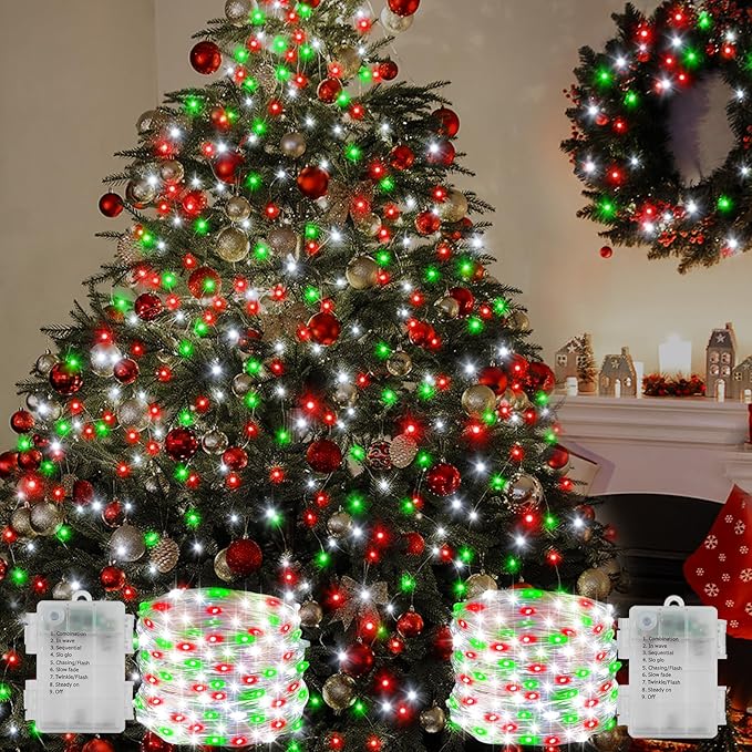 echosari 2 Pack Red White and Green Christmas Fairy Lights Battery Operated, 200 LED 66Ft Silver Wire Starry String Lights Auto Timer 8 Modes Waterproof Mini Lights for Wreath DIY Fence Decor