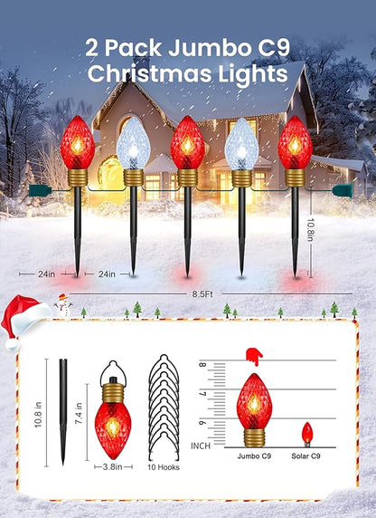 Moonflor Strawberry Jumbo C9 Christmas Lights Outdoor - 2 Pack Total 17FT 10 LED Jumbo C9 Christmas Pathway Lights Outdoor Decoration for Outside Lawn, Red & Pure White