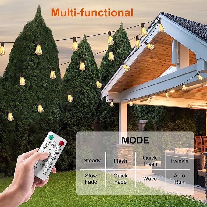 100FT Solar String Lights Outdoor Waterproof with Remote Control Solar Patio Lights 30+2 shatterproof LED ST38 Bulbs for Porch Garden Market Bistro Patio Backyard Fence