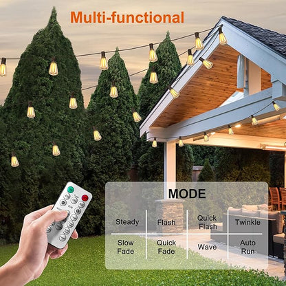 100FT Solar String Lights Outdoor Waterproof with Remote Control Solar Patio Lights 30+2 shatterproof LED ST38 Bulbs for Porch Garden Market Bistro Patio Backyard Fence
