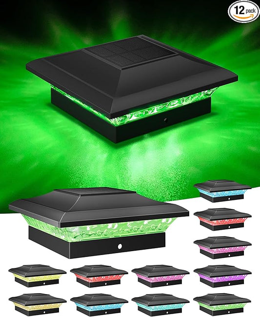 T-SUN Solar Post Cap Lights with Auto-Change Colors- for Vinyl/Wooden Posts IP65 Weatherproof Outdoor Solar Fence Post Lights for Deck, Porch, Garden & Stairs(12-Pack,RGB)