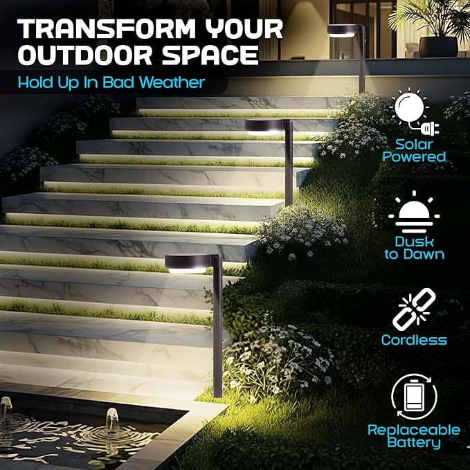 Solar Pathway Lights – 4 Pack, 6 Lumens LED, Warm White Light, Weather-Resistant Aluminum & Stainless Steel, Outdoor Garden Lighting, Easy Stake Installation, Waterproof, Durable for Yard & Pathways