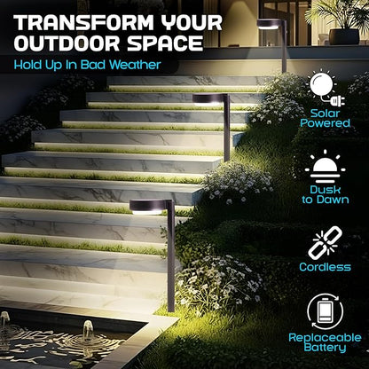 Solar Pathway Lights – 4 Pack, 6 Lumens LED, Warm White Light, Weather-Resistant Aluminum & Stainless Steel, Outdoor Garden Lighting, Easy Stake Installation, Waterproof, Durable for Yard & Pathways