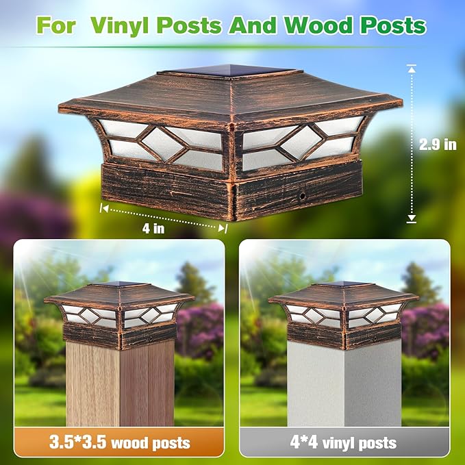 Solar Post Cap Lights Outdoor 6pack, Waterproof Solar Powered Deck Fence Post Lights for 4x4 Wood/Vinyl Posts, Solar Outdoor LED Light with Cool/Warm Lighting Decorate Garden Patio Porch…