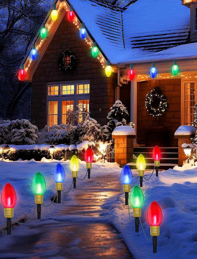 Jumbo C9 Christmas Pathway Lights Outdoor,14FT 8 LED C9 Jumbo Multicolor Christmas Walkway Lights, Connectable Outdoor Decorations Stakes Light for Outside Lawn Yard Garden Sidewalk Driveway