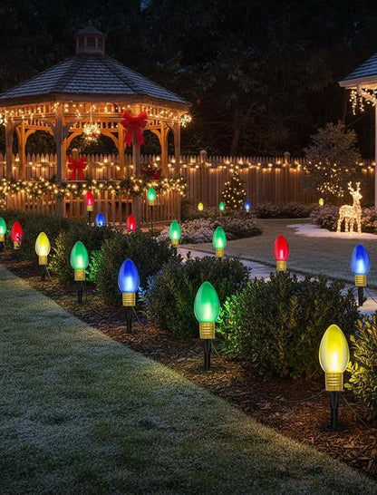 Jumbo Outdoor Christmas Lights Pathway, 2 Pack 7 Ft Jumbo C9 LED Christmas Pathway Lights Outdoor with Marker Stakes, 8 Multicolor Bulbs Holiday Pathway Lights for Lawn Yard Decor