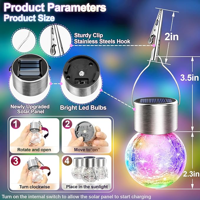 Solar Hanging Lanterns Outdoor: 12 Pack Cracked Glass Ball Lights with Hook - Waterproof Color Changing Globe Decorative Garden Tree Fence - Gardening Holiday Gifts for Women