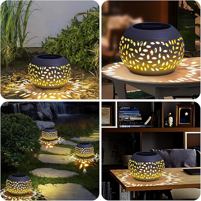 Solar Lanterns Outdoor Table Lights,2 Pack Waterproof Decor,Hollow Out Retro White Metal Patio Lights Gifts for Women Mom Yard Porch Garden Balcony Indoor Tabletop Decorations