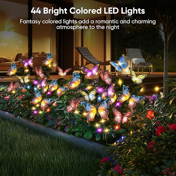 Solar Lights Outdoor Garden Decor: 8 Pack 136 Silk Butterflies with 176 Color-Changing LEDs - Auto On/Off 12H Magical Lighting IP65 Waterproof for Yard Patio Pathway - Unique Gifts for Mom Grandma