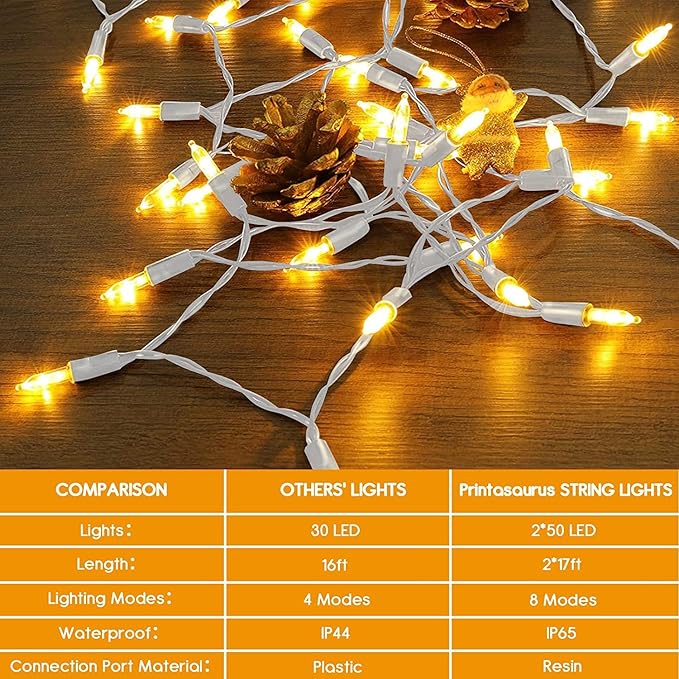 Christmas Porch String Lights 2-Pack, 17ft 50 LED Waterproof