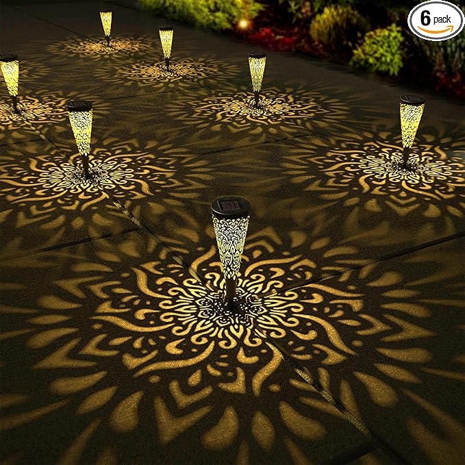 6 Pack Solar Lights Outdoor Garden Decorative Mandala Solar Garden Lights with Warm Light Waterproof Solar Pathway Landscape Lights for Path Patio Backyard Walkway Yard Lawn Decor (Black)