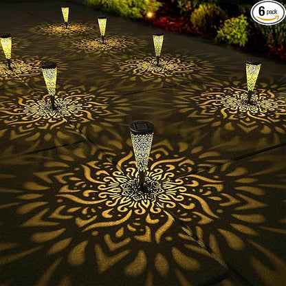 6 Pack Solar Lights Outdoor Garden Decorative Mandala Solar Garden Lights with Warm Light Waterproof Solar Pathway Landscape Lights for Path Patio Backyard Walkway Yard Lawn Decor (Black)