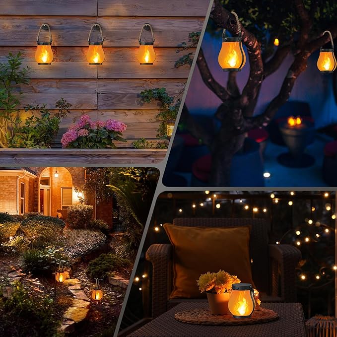 Hompavo Gen2 Solar Lanterns Outdoor with Ultra-Real Flame, Dual Charging (USB/Solar) & 2 Modes - Waterproof Decorative Hanging/Table Lights for Yard Patio Garden Gift Halloween Christmas Decoration, 4
