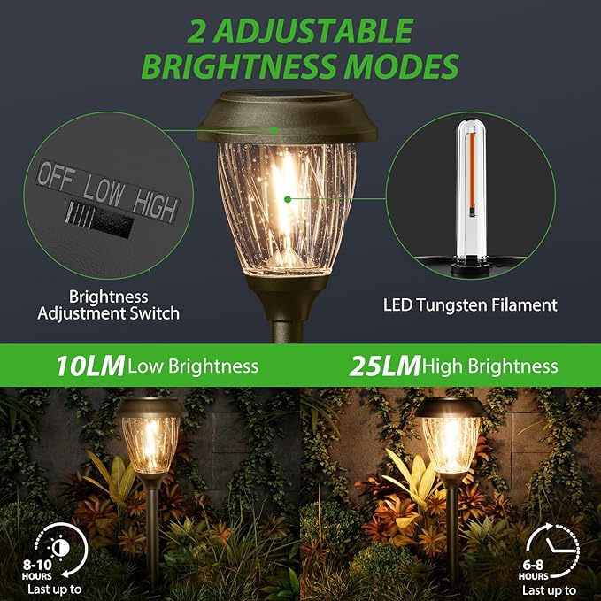 XMCOSY+ Solar Pathway Lights - Durable Glass & Stainless Steel, 10/25 LM Brightness, 2 Adjustable Modes, Waterproof LED Garden Lights for Yard, Lawn, Driveway, Walkway & Landscape Decor (Warm White)