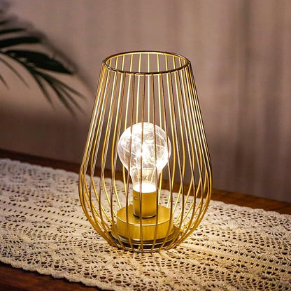 TRIROCKS Metal Battery Operated Lamp 8'' Tall Cage Shape Cordless Table Lantern with Warm Fairy Lights Bulb for Thanksgiving Christmas Patio Garden Wedding Parties Indoor Outdoor (Golden)