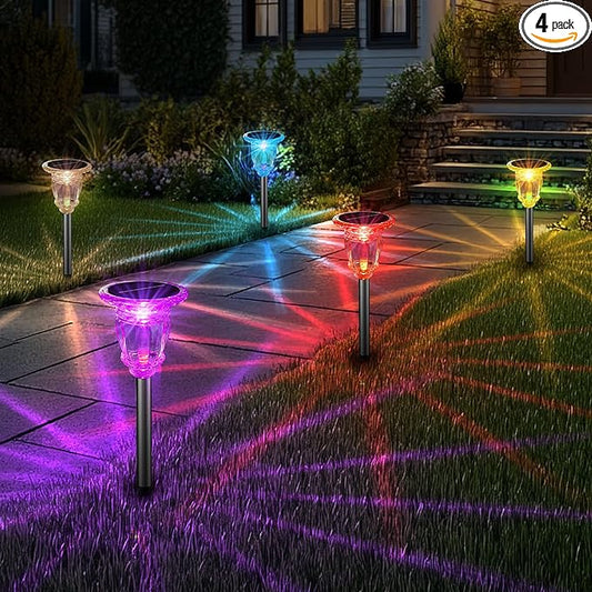 Solar Pathway Lights Outdoor 4 Pack, 10 Modes RGB Color Changing & White Solar Garden Lights, 17.5" IP65 Waterproof Glass Stainless Steel Solar Powered Landscape Lights for Yard Walkway Driveway Patio