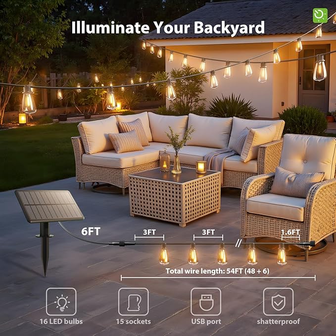KYY 54FT Solar String Lights Outdoor Waterproof with USB Charging & Remote, Dimmable & Timable, Solar Powered Patio Lights with LED Shatterproof Bulbs for Deck Backyard Porch Garden Camping