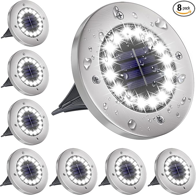 8-Pack Solar Ground Disk Lights, White Waterproof LED