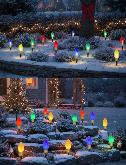 Jumbo C9 LED Christmas Pathway Lights Outdoor, 2 Pack 7 Ft Jumbo Christmas Lights with Pathway Marker Stakes, 8 Giant Multicolor Bulbs Outdoor Holiday Decorations for Lawn Yard Garden