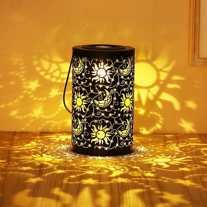 Outdoor Solar Lanterns Garden Decor Hanging Solar Lantern Lights Waterproof Metal Garden Lantern with Sun Star Moon Decorative Yard Lantern Decor as Gift for Women