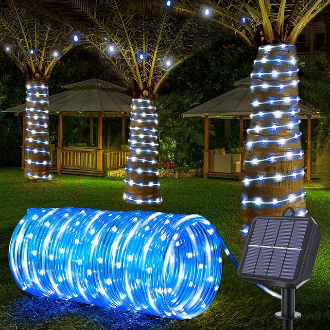 Solar Rope Lights, 33ft 100LED Solar String Lights, 8 Modes Waterproof Solar Powered Outdoor Light, Flexible Clear Tube Light for Garden Backyard Patio Deck Porch Pool Tree Christmas Decor -White&Blue