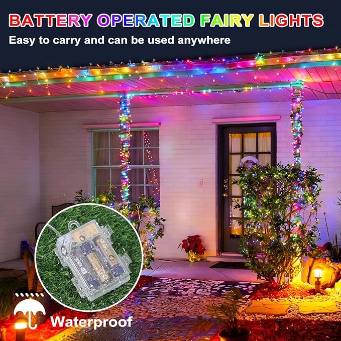 String Lights Outdoor with 8 Lighting Modes, 2 PCS 33FT 100 LEDs Fairy Lights Battery Operated with Timer, Twinkle Christmas Lights for Outside, Christmas, Holiday(Multicolor)