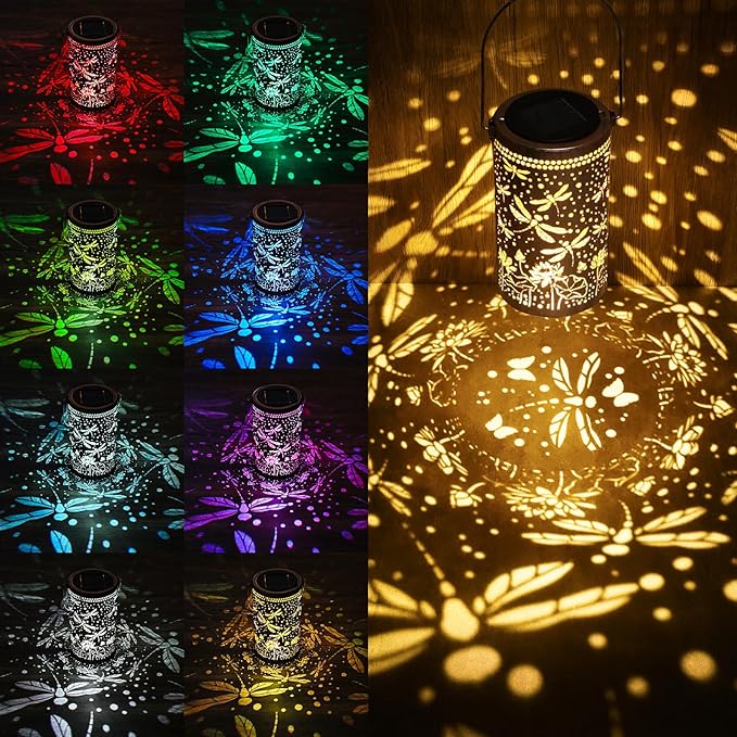 Fabuday Dragonfly Gifts Outdoor Solar Lantern Waterproof - Hanging Solar Power 8 Color Light Led for Outside, Garden Decor for Patio, Porch, Balcony, Yard and Deck, Gardening Gifts for Women 2 Pack