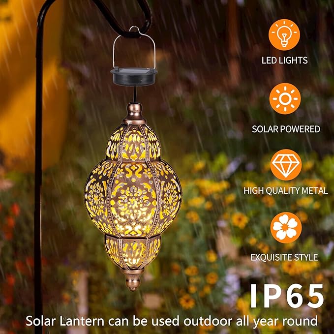 Hanging Solar Lanterns,Outdoor Garden Decor Solar Lantern Metal Moroccan Yard Art Gardening Decorative,Outside Hanging Lights Christmas Decorations for Gazebo Patio Chandelier Garden Gift
