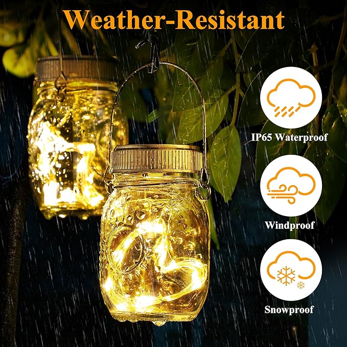 Mlambert 4 Pack Outdoor Solar Lanterns, Waterproof Hanging Mini Mason Jar Solar Lights for Backyard Garden Yard Patio Tree Decoration, Warm White