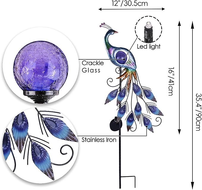 35.4" Peacock Solar Lawn Figurine Light, Waterproof